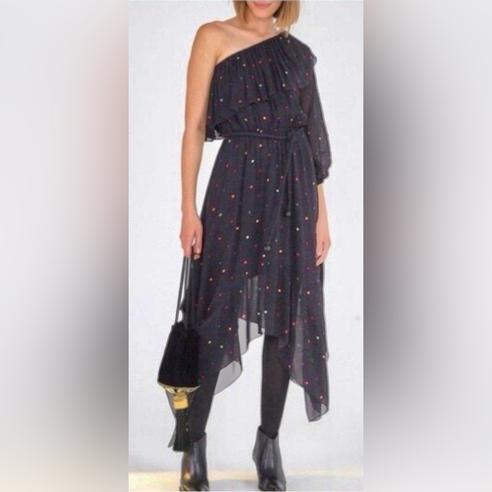 Farm Rio Confetti Dots Long Sleeve One Shoulder Asymmetric Midi Dress